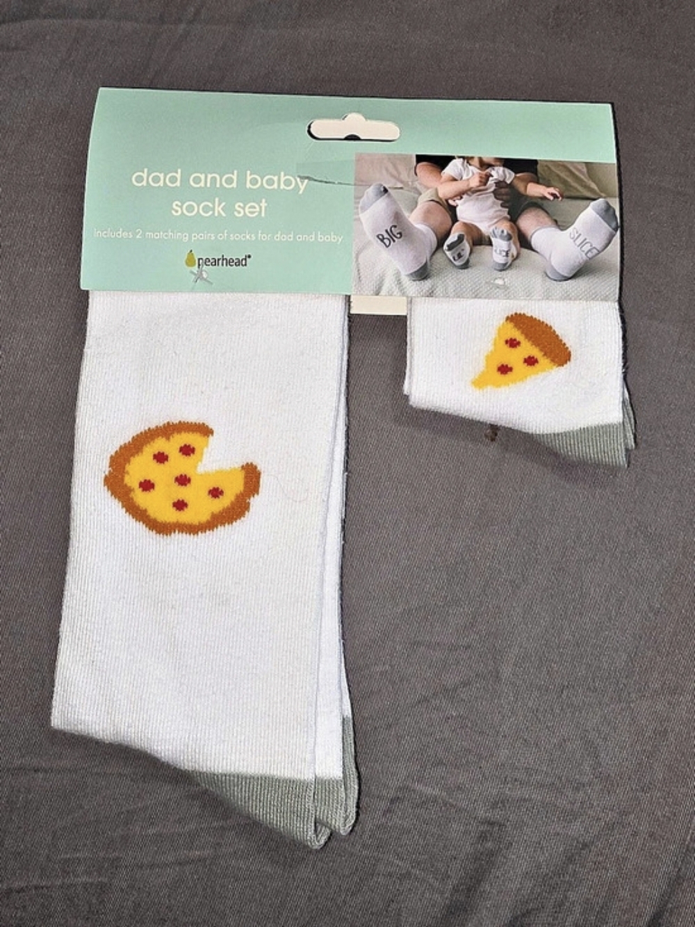 Pearhead Dad and Baby Sock Set - Pizza Gray & White